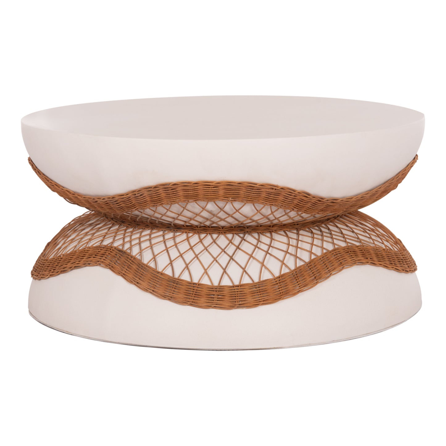 COFFEE TABLE ROUND ANNA HM18157.02 FIBER CEMENT IN WHITE-NATURAL RATTAN--Φ92x44.5Hcm.