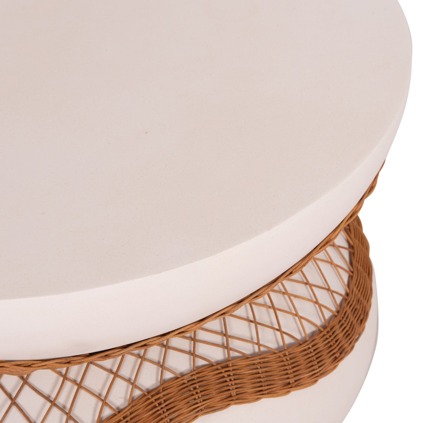 COFFEE TABLE ROUND ANNA HM18157.02 FIBER CEMENT IN WHITE-NATURAL RATTAN--Φ92x44.5Hcm.
