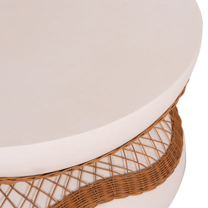 COFFEE TABLE ROUND ANNA HM18157.02 FIBER CEMENT IN WHITE-NATURAL RATTAN--Φ92x44.5Hcm.