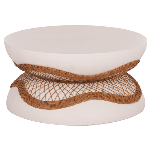 COFFEE TABLE ROUND ANNA HM18157.02 FIBER CEMENT IN WHITE-NATURAL RATTAN--Φ92x44.5Hcm.