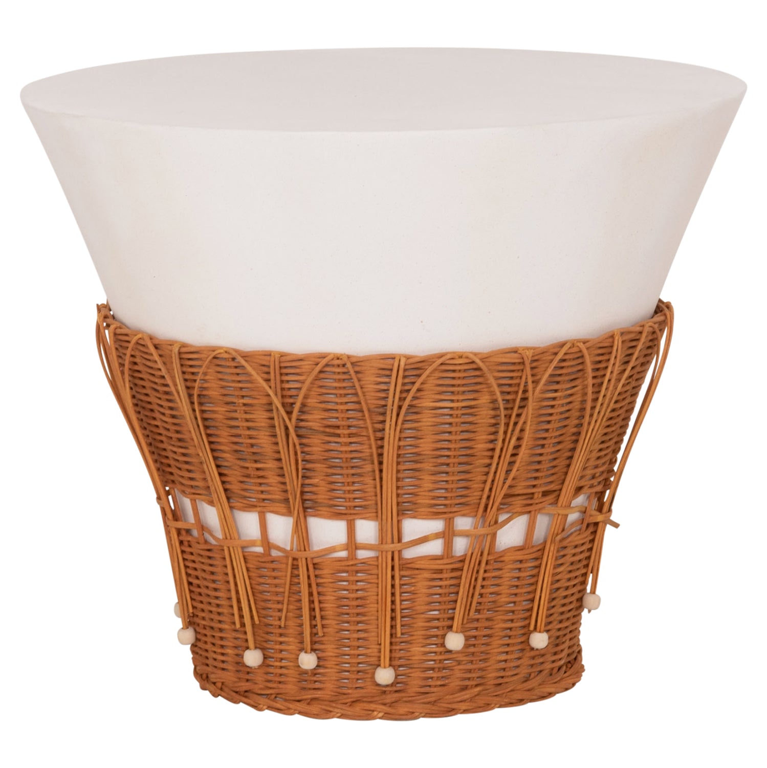 COFFEE TABLE ROUND PERRAL HM18164.02L FIBER CEMENT IN WHITE-NATURAL RATTAN--Φ55x45Hcm.
