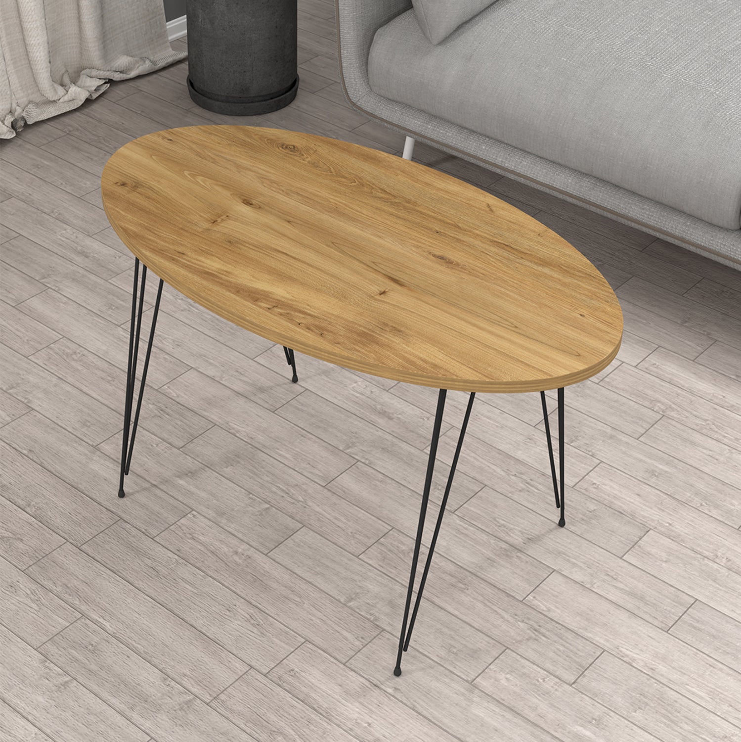 COFFEE TABLE GRANIT HM18177.04 MELAMINE IN NATURAL WOOD COLOR-BLACK METAL LEGS 90x50x42Hcm.