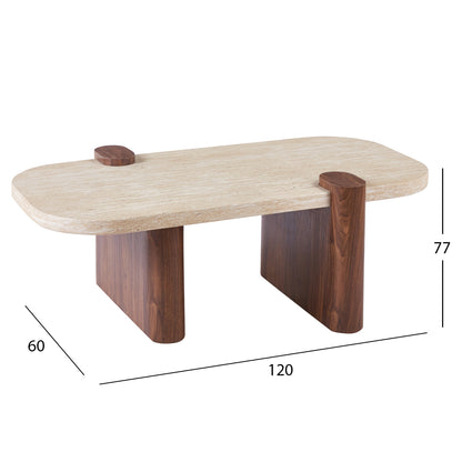 COFFEE TABLE ARDEN HM18435 MDF TOP IN TRAVERTINE STONE COLOR--MDF LEGS IN WALNUT 120x60x40Hcm.