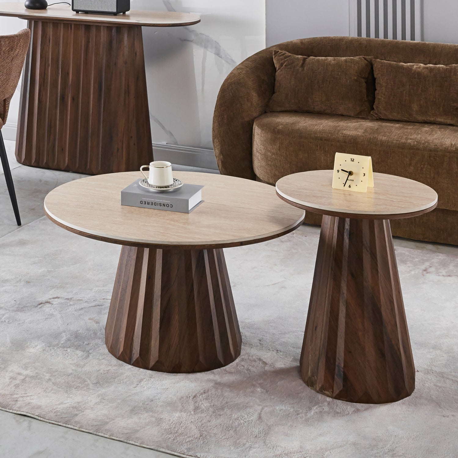 COFFEE TABLE WALDEN HM18437 CERAMIC TOP WITH TRAVERTINE STONE LOOK--MDF BASE WALNUT Φ80x46H