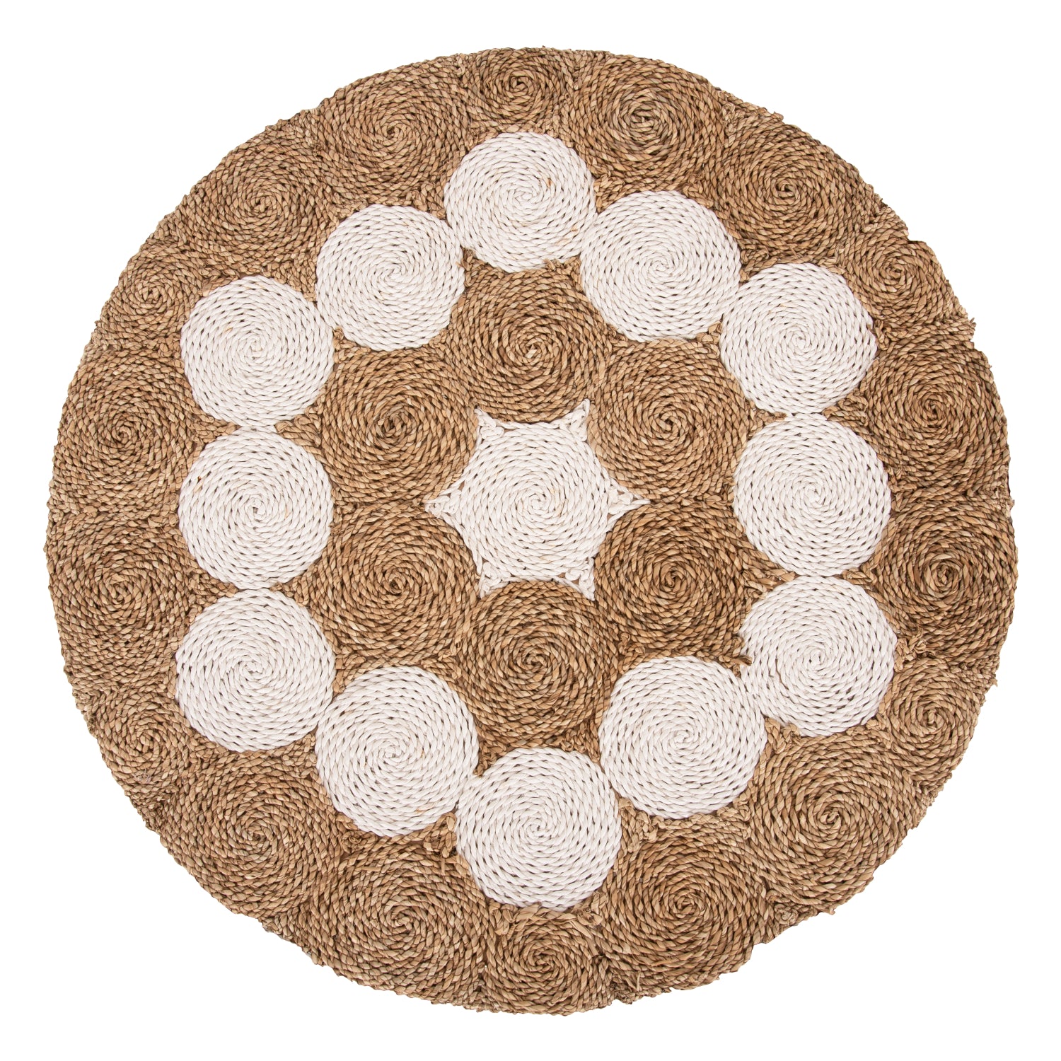 COFFEE TABLE ROUND HM7825 TEAK WOOD AND SEAGRASS TOP IN NATURAL & WHITE Φ81x45Hcm.