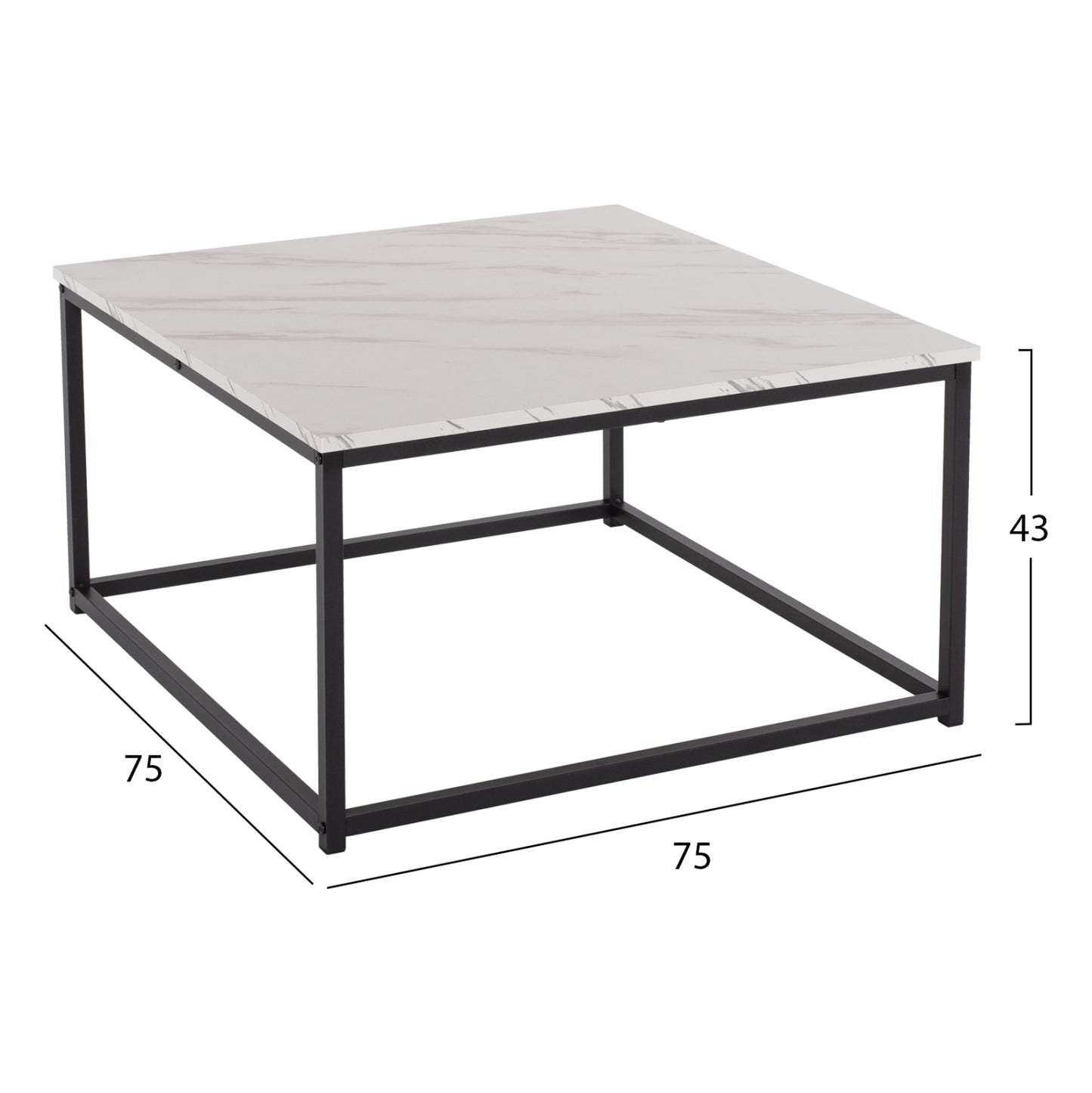 COFFEE TABLE BRAYLEN HM8942.12 SQUARE MELAMINE IN WHITE MARBLE LOOK- BLACK BASE 75x75x43Hcm.
