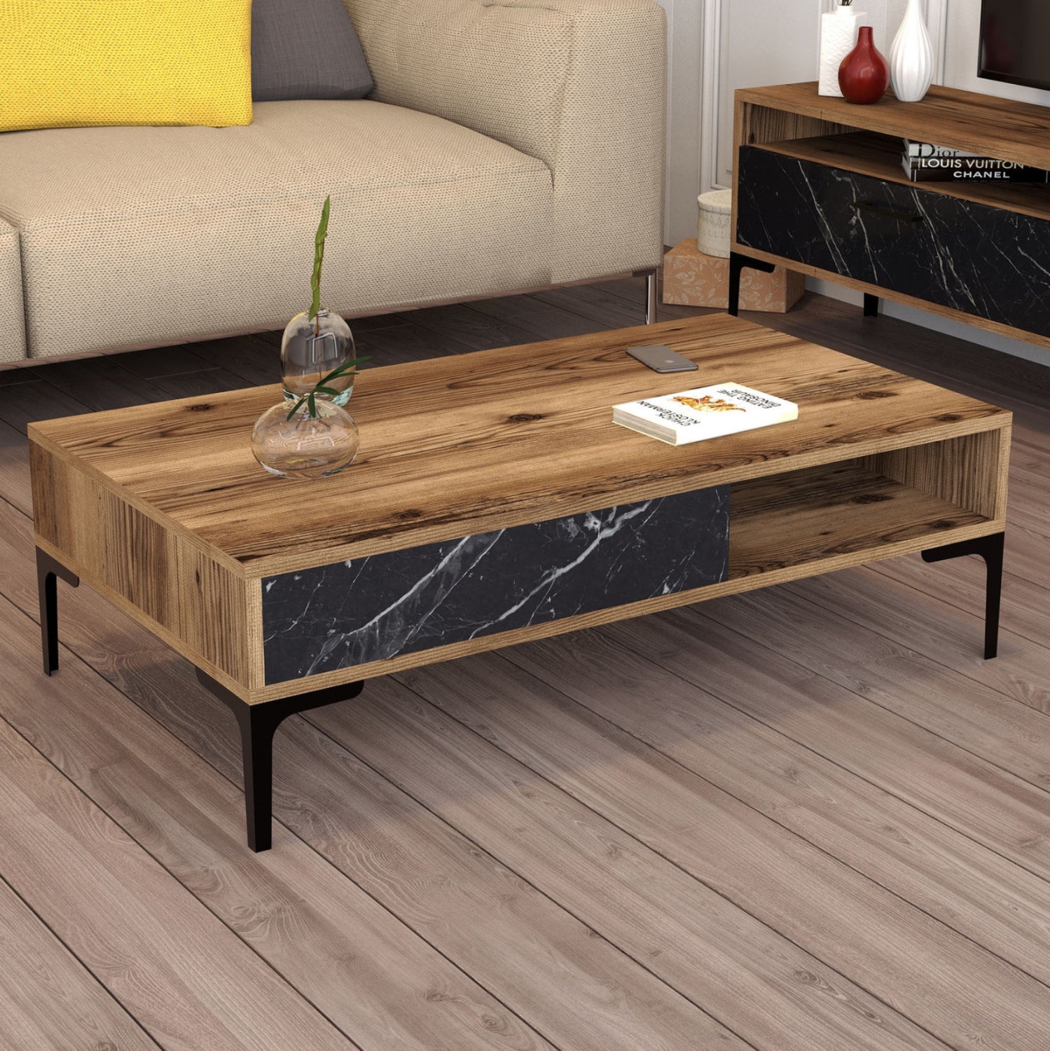 COFFEE TABLE HM9503.04 MELAMINE WALNUT-BLACK MARBLE LOOK & METAL LEGS 105x60x32.6Hcm.