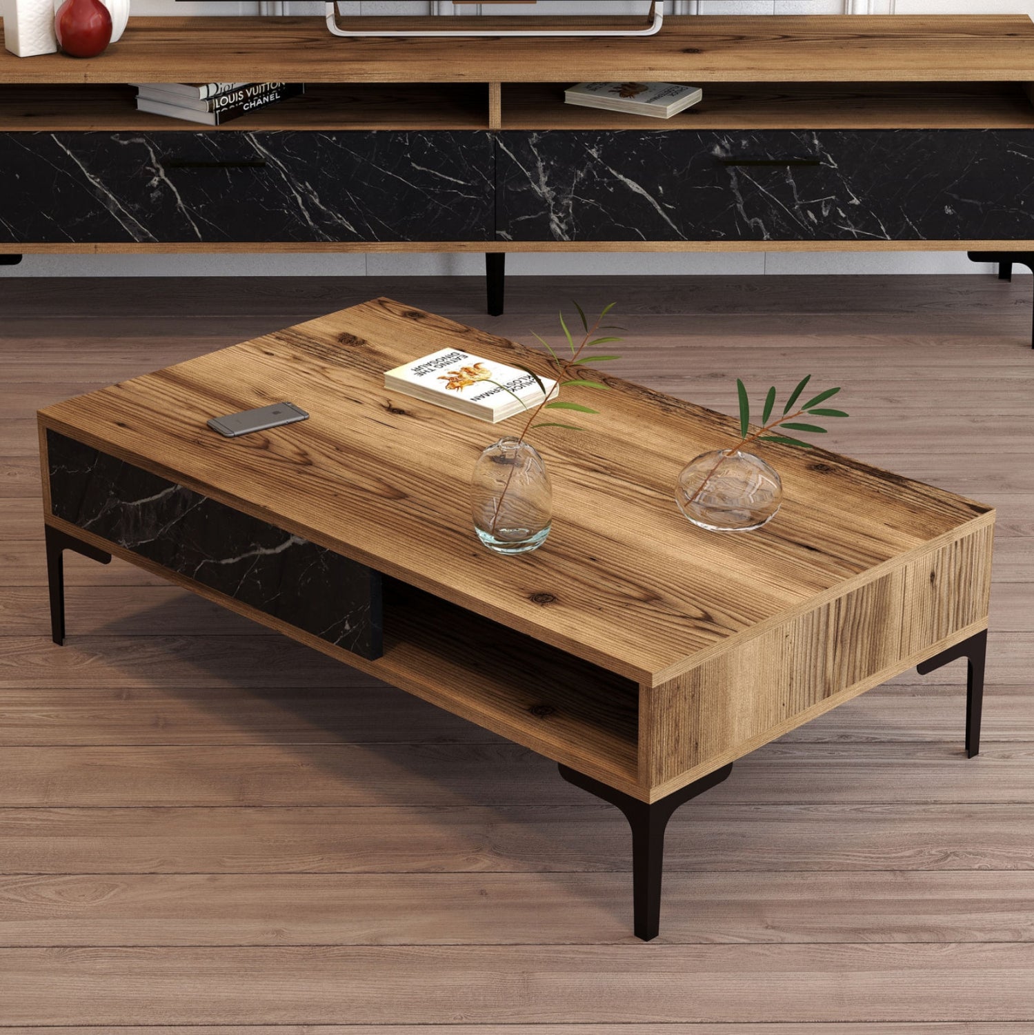 COFFEE TABLE HM9503.04 MELAMINE WALNUT-BLACK MARBLE LOOK & METAL LEGS 105x60x32.6Hcm.