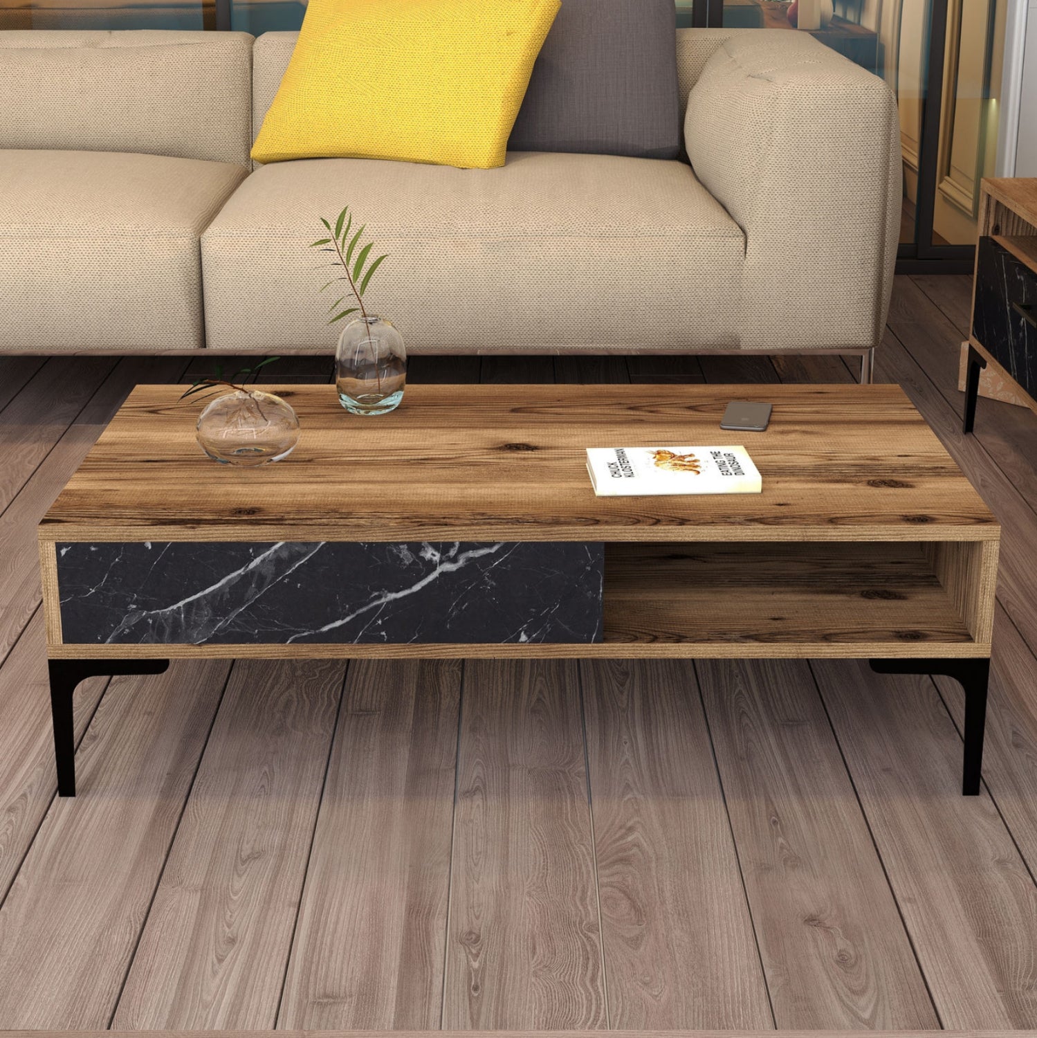 COFFEE TABLE HM9503.04 MELAMINE WALNUT-BLACK MARBLE LOOK & METAL LEGS 105x60x32.6Hcm.