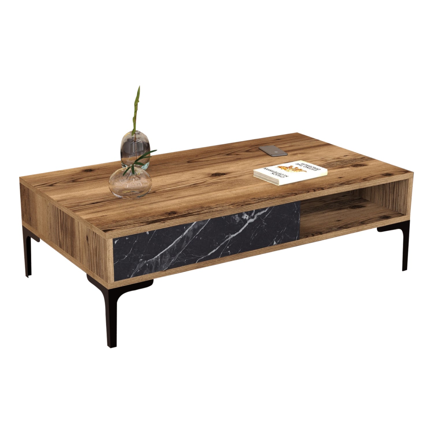 COFFEE TABLE HM9503.04 MELAMINE WALNUT-BLACK MARBLE LOOK & METAL LEGS 105x60x32.6Hcm.