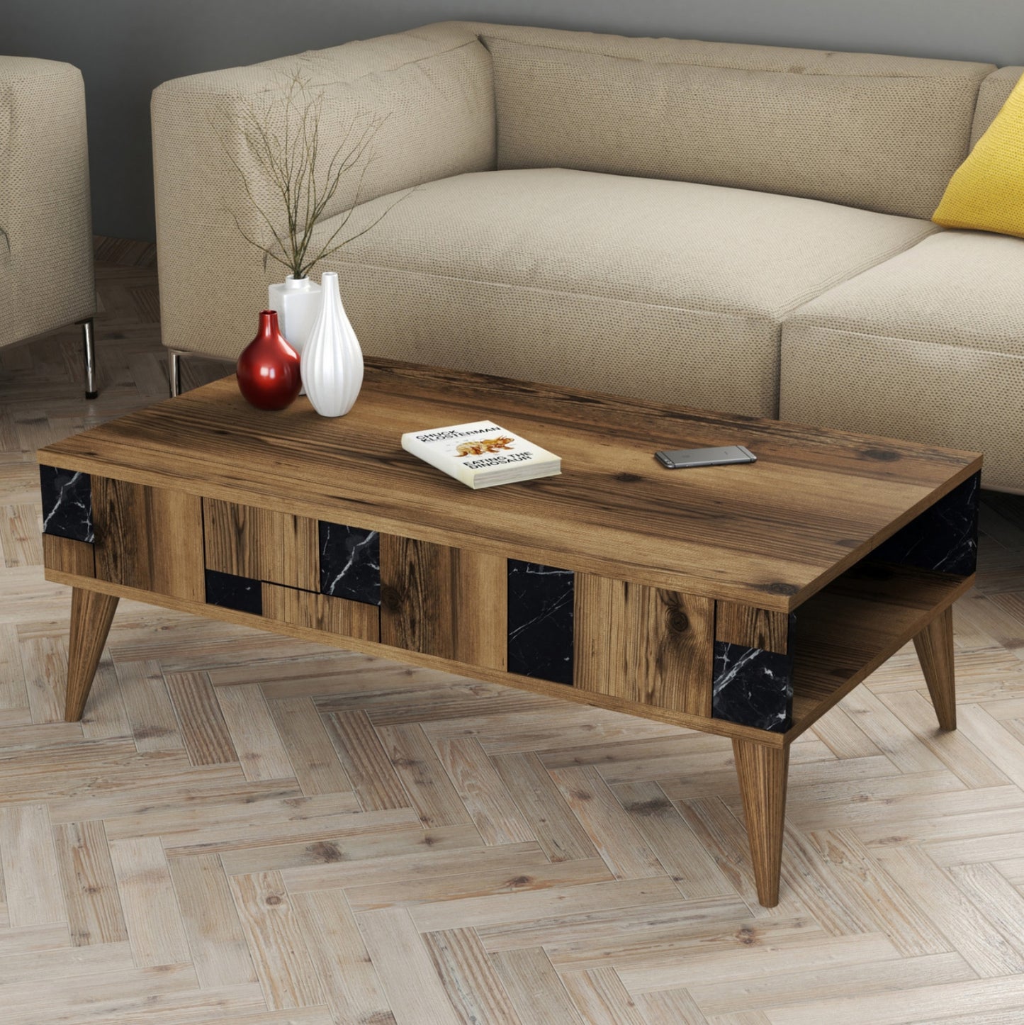 COFFEE TABLE HM9504.02 MELAMINE IN WALNUT-BLACK MARBLE LOOK 105x60x37.6Hcm.