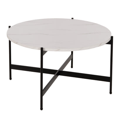 COFFEE TABLE HM9588.05 MDF WHITE MARBLE TABLETOP-BLACK METAL BASE Φ80x45Hcm.