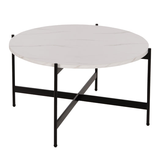 COFFEE TABLE HM9588.05 MDF WHITE MARBLE TABLETOP-BLACK METAL BASE Φ80x45Hcm.