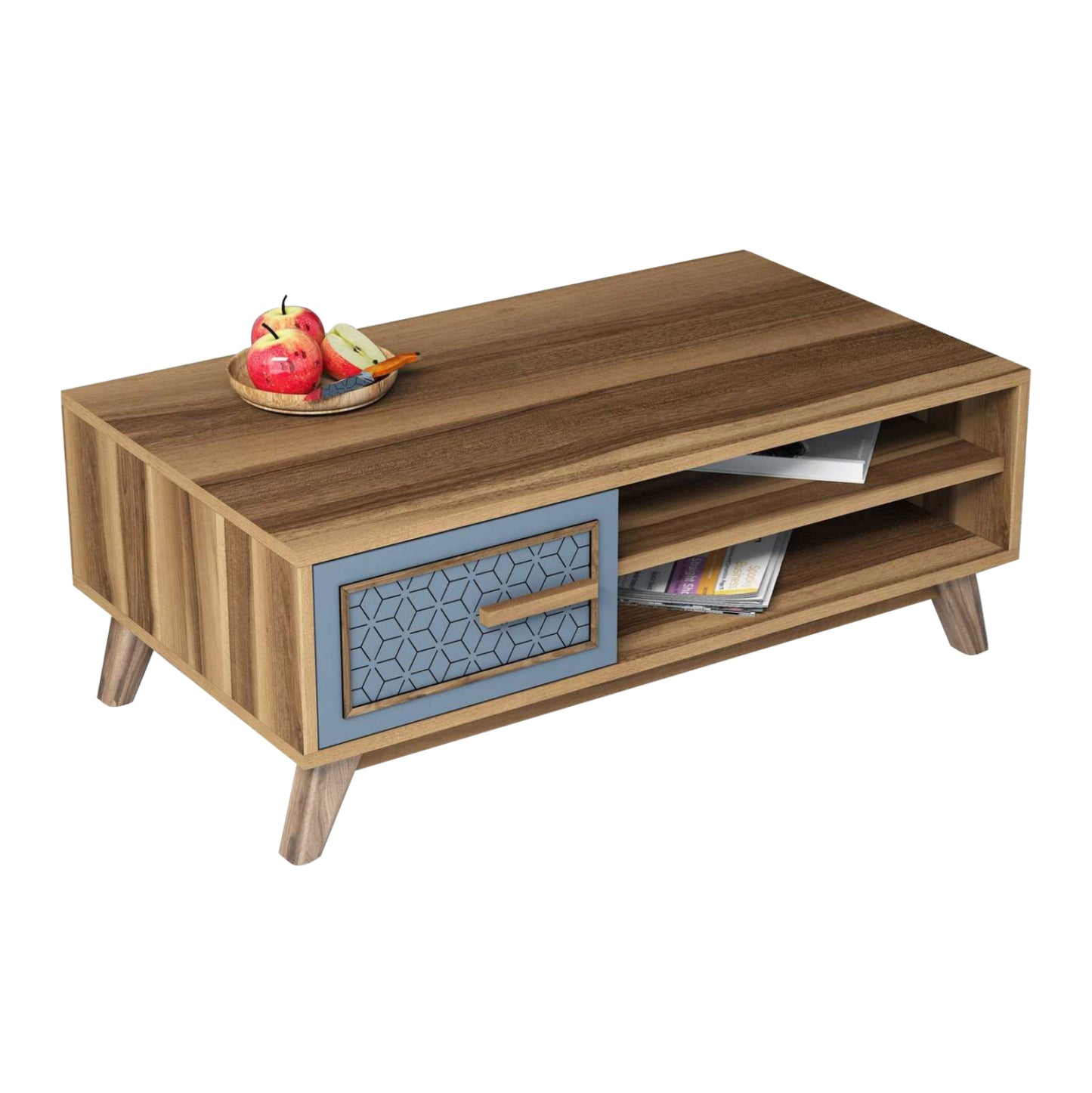 COFFEE TABLE MELAMINE IN WALNUT COLOR WITH BLUE CABINET DOOR HM9497.02 105x60x38,2Hcm.