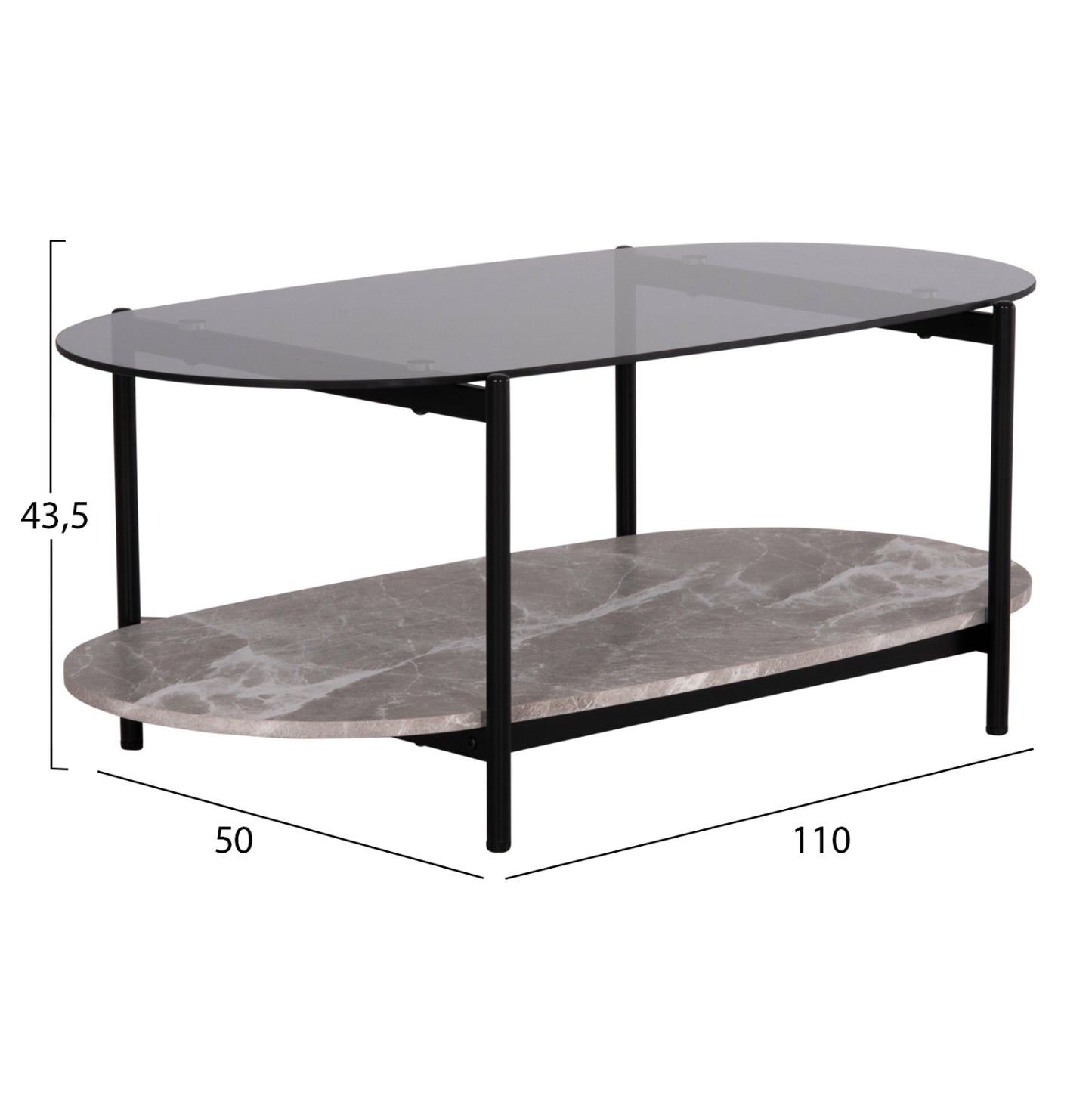 COFFEE TABLE OVAL KITTY HM18040 SEMI-BLACK GLASS TOP-GREY MARBLE MELAMINE 110x50x43Hcm.