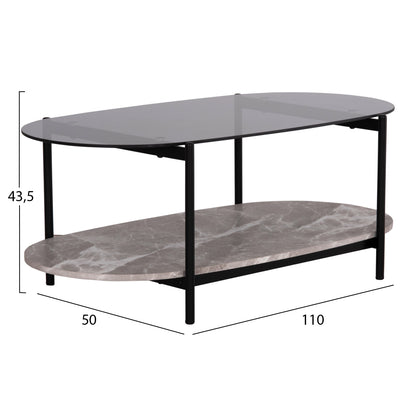 COFFEE TABLE OVAL KITTY HM18040 SEMI-BLACK GLASS TOP-GREY MARBLE MELAMINE 110x50x43Hcm.