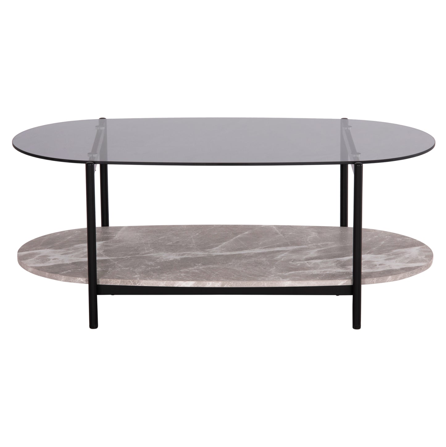 COFFEE TABLE OVAL KITTY HM18040 SEMI-BLACK GLASS TOP-GREY MARBLE MELAMINE 110x50x43Hcm.
