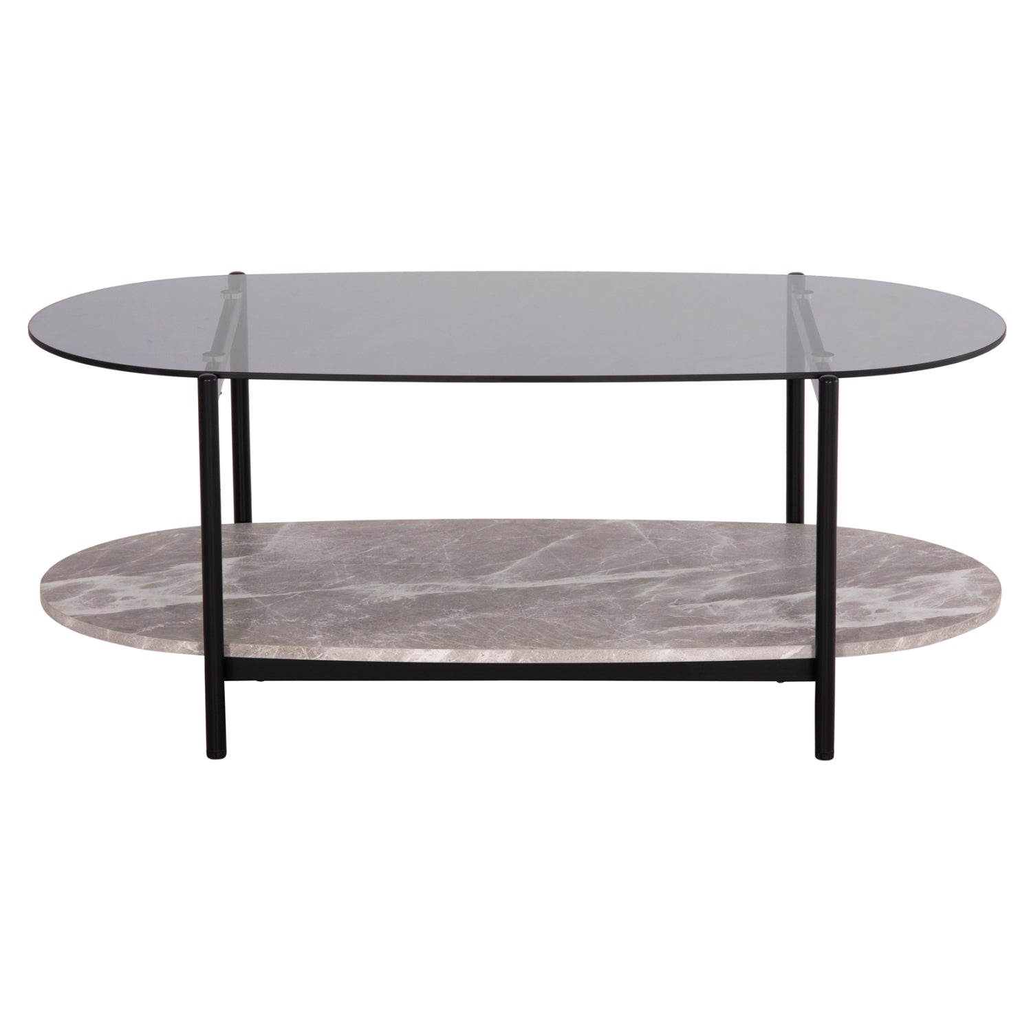 COFFEE TABLE OVAL KITTY HM18040 SEMI-BLACK GLASS TOP-GREY MARBLE MELAMINE 110x50x43Hcm.