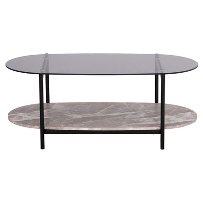 COFFEE TABLE OVAL KITTY HM18040 SEMI-BLACK GLASS TOP-GREY MARBLE MELAMINE 110x50x43Hcm.