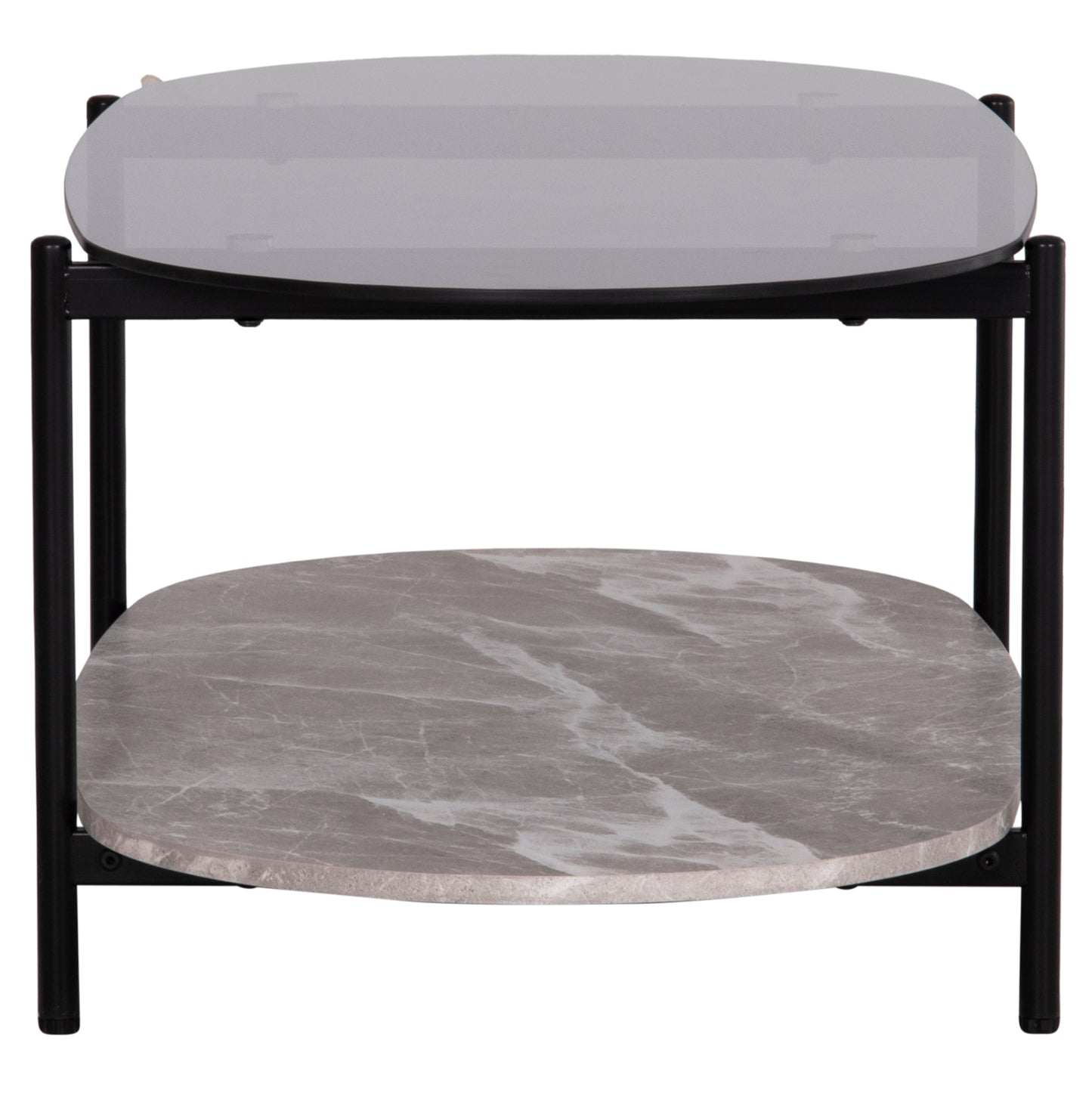 COFFEE TABLE OVAL KITTY HM18040 SEMI-BLACK GLASS TOP-GREY MARBLE MELAMINE 110x50x43Hcm.