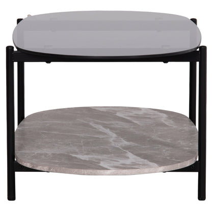 COFFEE TABLE OVAL KITTY HM18040 SEMI-BLACK GLASS TOP-GREY MARBLE MELAMINE 110x50x43Hcm.