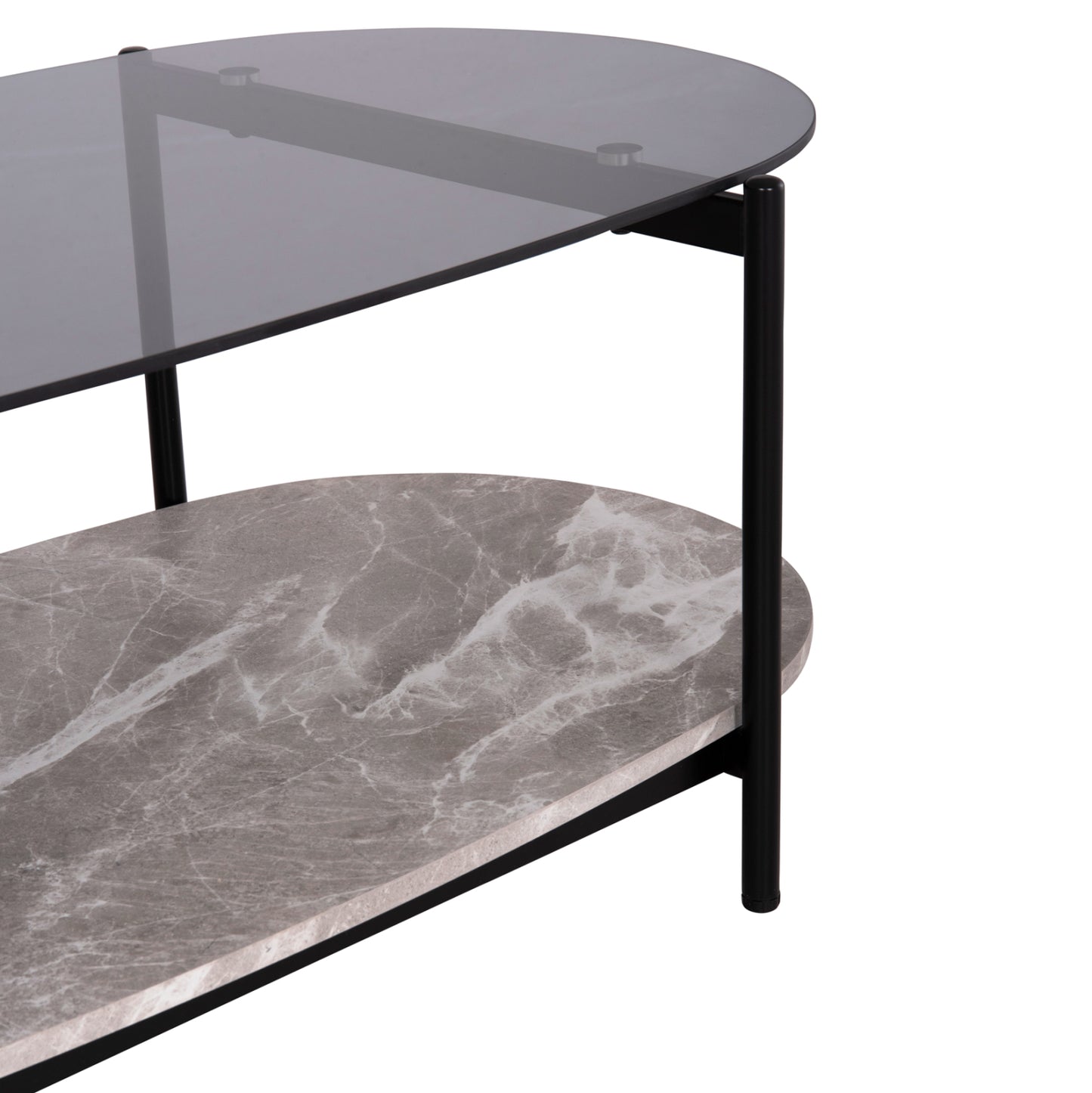 COFFEE TABLE OVAL KITTY HM18040 SEMI-BLACK GLASS TOP-GREY MARBLE MELAMINE 110x50x43Hcm.