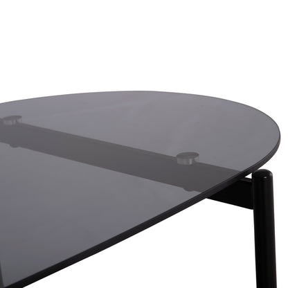 COFFEE TABLE OVAL KITTY HM18040 SEMI-BLACK GLASS TOP-GREY MARBLE MELAMINE 110x50x43Hcm.