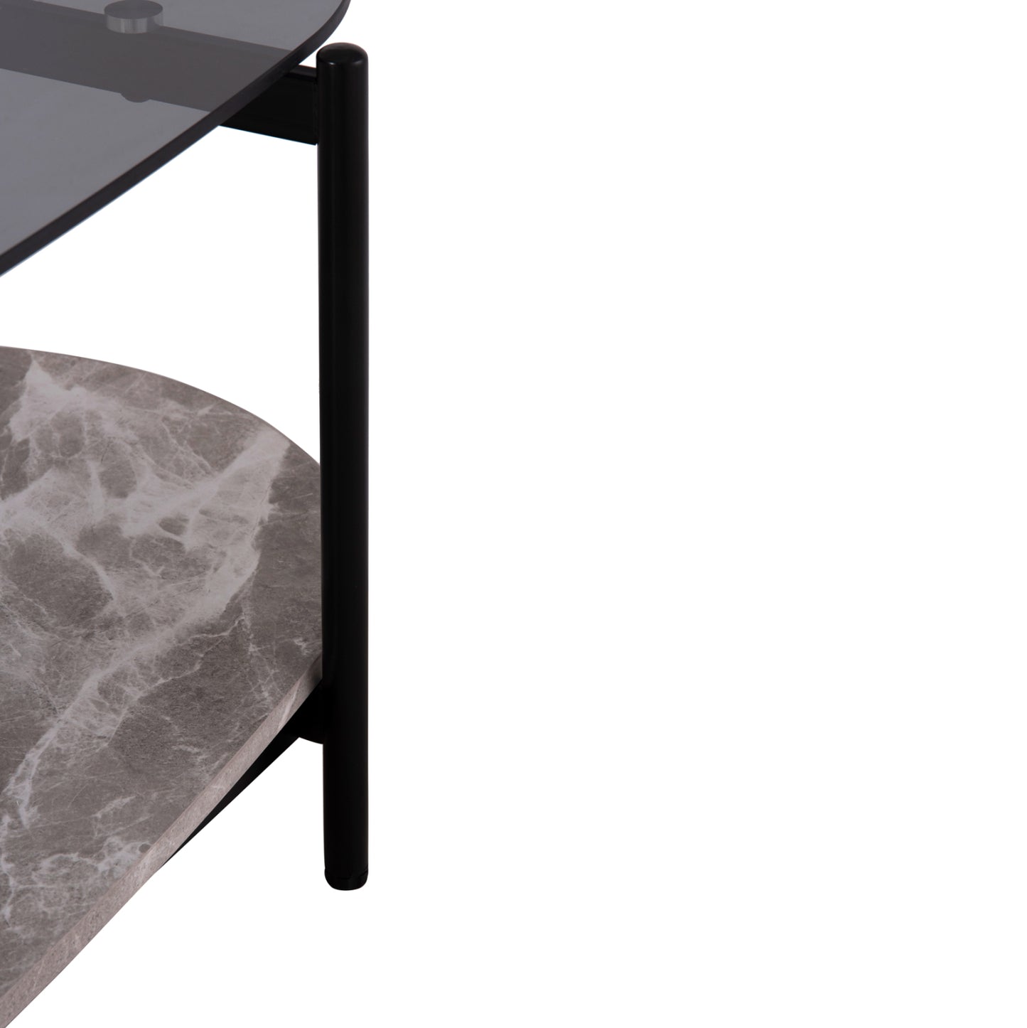 COFFEE TABLE OVAL KITTY HM18040 SEMI-BLACK GLASS TOP-GREY MARBLE MELAMINE 110x50x43Hcm.
