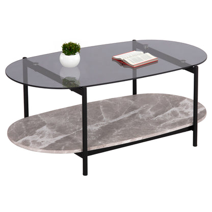 COFFEE TABLE OVAL KITTY HM18040 SEMI-BLACK GLASS TOP-GREY MARBLE MELAMINE 110x50x43Hcm.