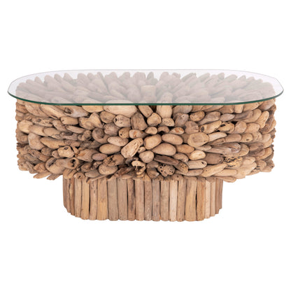 COFFEE TABLE OVAL SPARROW HM9962 DRIFTWOOD--GLASS 106x55,5x50,5Hcm.