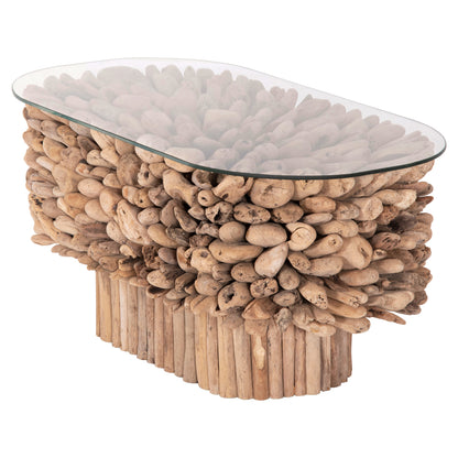 COFFEE TABLE OVAL SPARROW HM9962 DRIFTWOOD--GLASS 106x55,5x50,5Hcm.