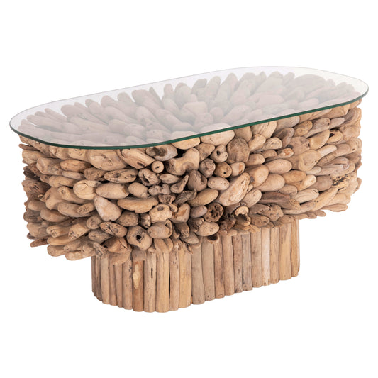 COFFEE TABLE OVAL SPARROW HM9962 DRIFTWOOD--GLASS 106x55,5x50,5Hcm.