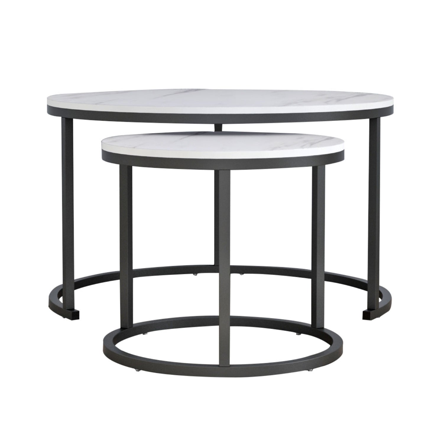 COFFEE TABLES SET 2PCS MDF WHITE MARBLE LOOK BLACK LEGS Φ80x48cm.HM8763.12