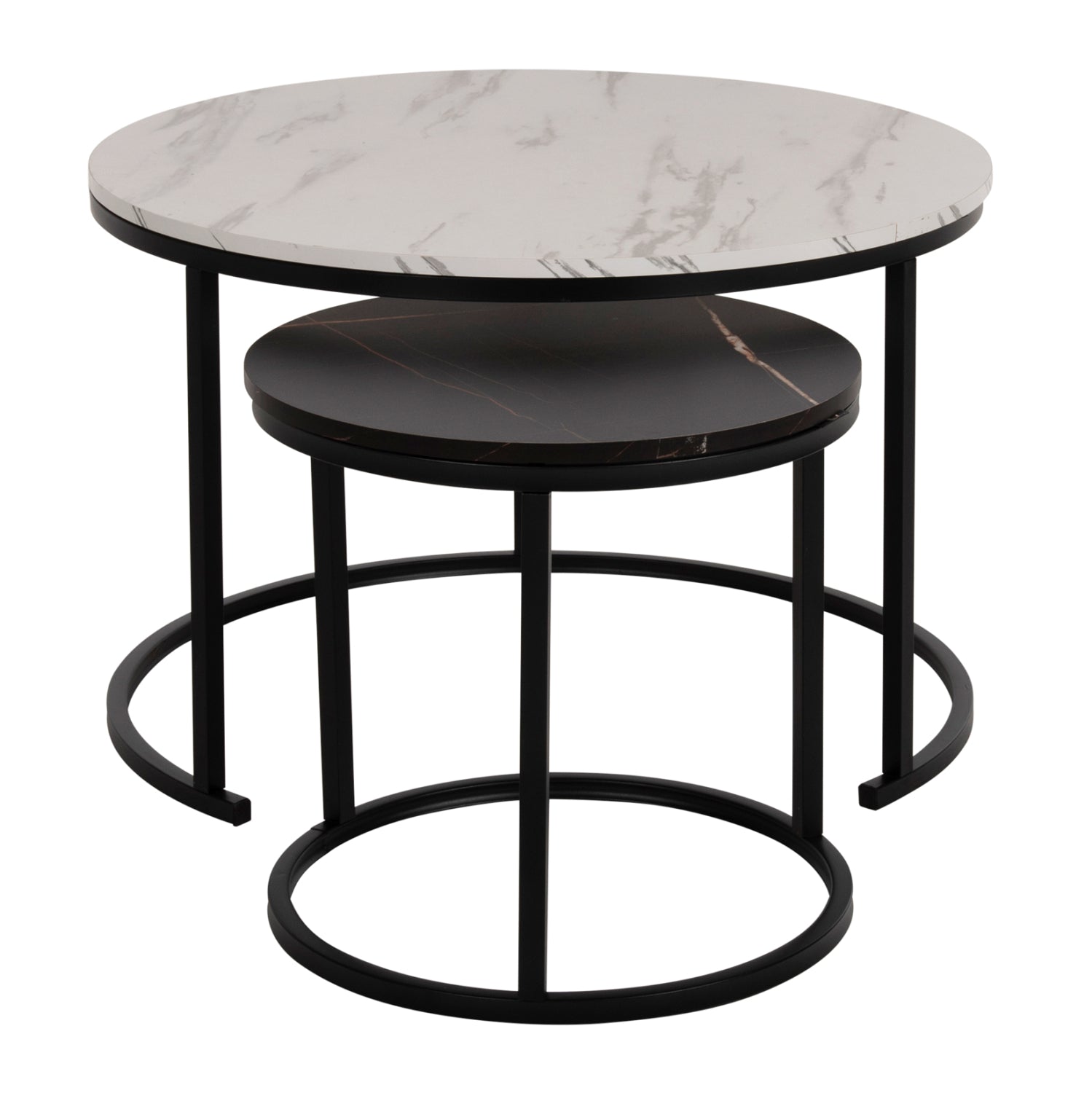 COFFEE TABLE HM8763.14 2PCS SET MDF IN MARBLE LOOK MIX COLOR WITH BLACK LEGS Φ80-Φ48cm