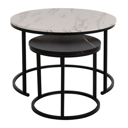 COFFEE TABLE HM8763.14 2PCS SET MDF IN MARBLE LOOK MIX COLOR WITH BLACK LEGS Φ80-Φ48cm
