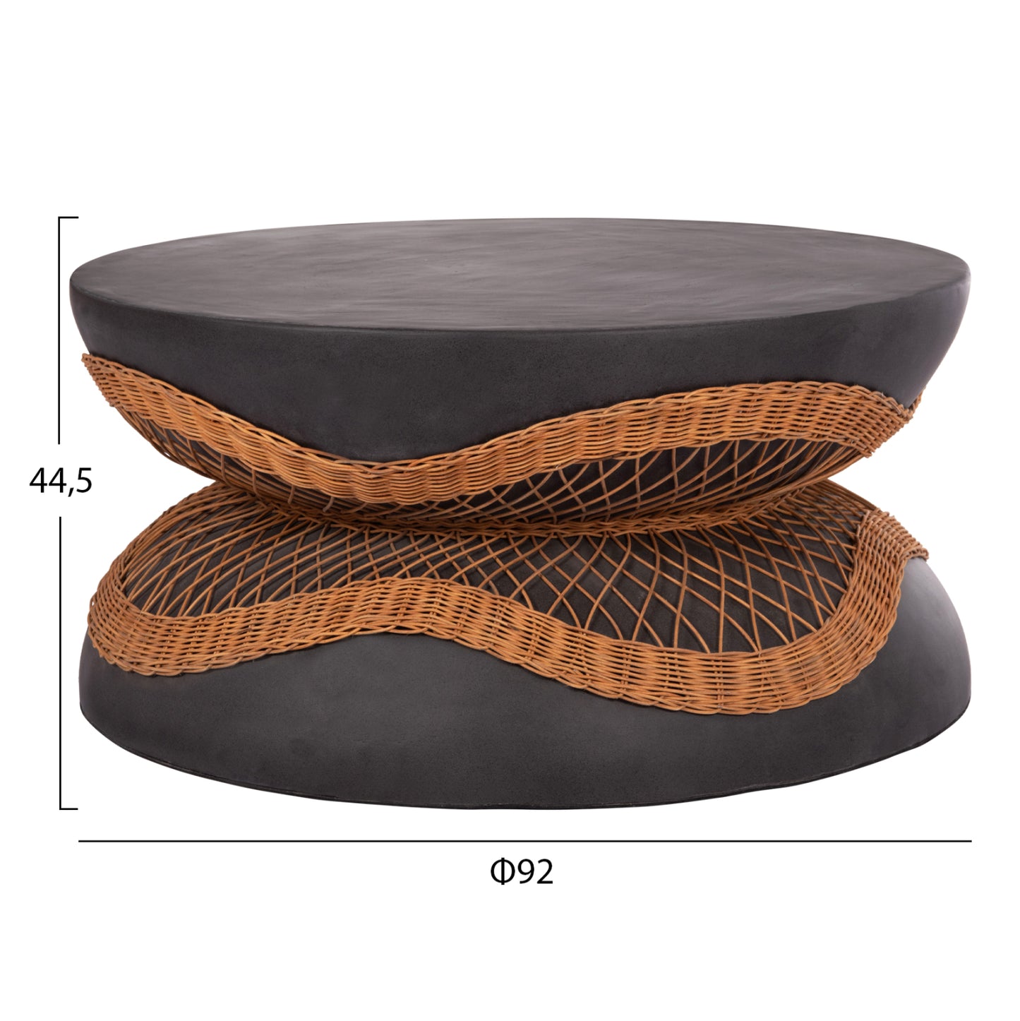 COFFEE TABLE ROUND ANNA HM18157.01 FIBER CEMENT IN BLACK-NATURAL RATTAN--Φ92x44.5Hcm.