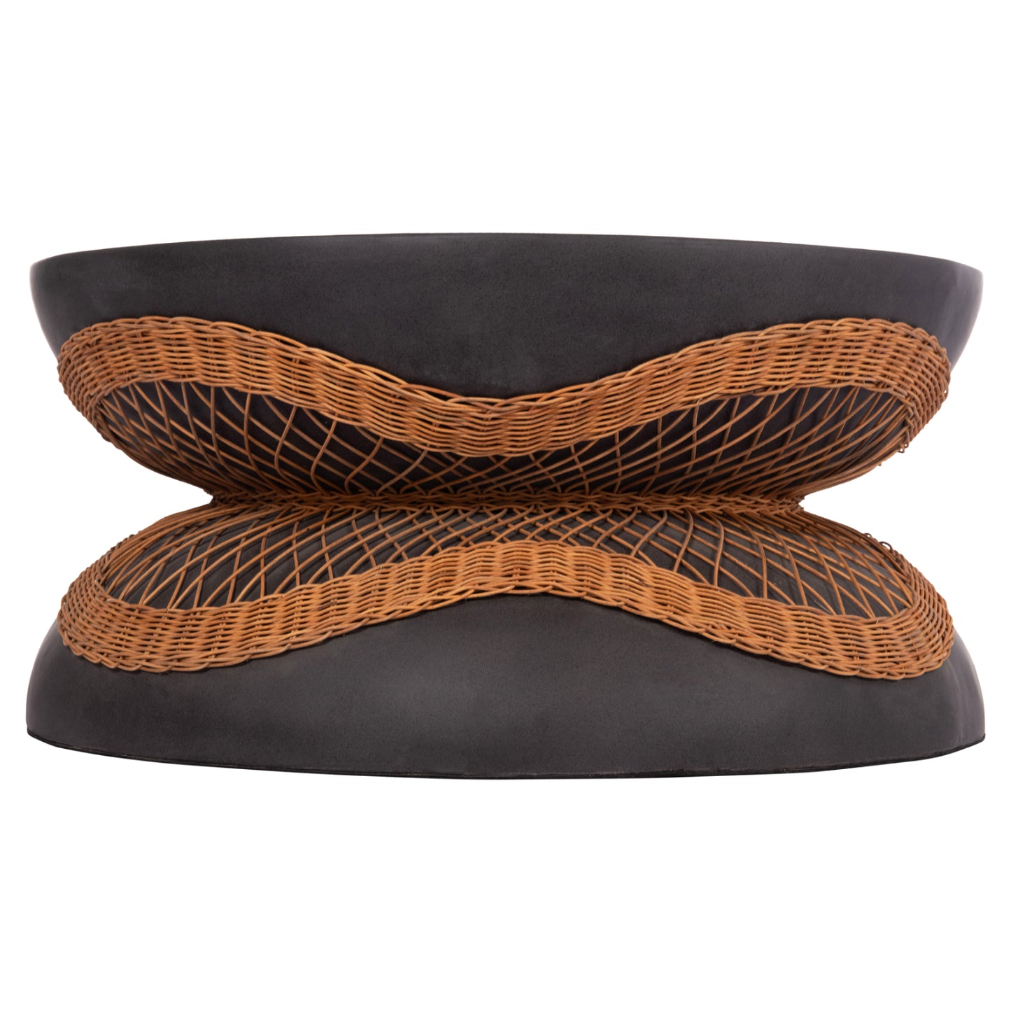 COFFEE TABLE ROUND ANNA HM18157.01 FIBER CEMENT IN BLACK-NATURAL RATTAN--Φ92x44.5Hcm.