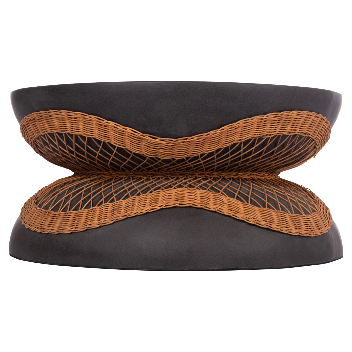 COFFEE TABLE ROUND ANNA HM18157.01 FIBER CEMENT IN BLACK-NATURAL RATTAN--Φ92x44.5Hcm.