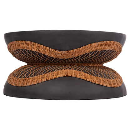 COFFEE TABLE ROUND ANNA HM18157.01 FIBER CEMENT IN BLACK-NATURAL RATTAN--Φ92x44.5Hcm.