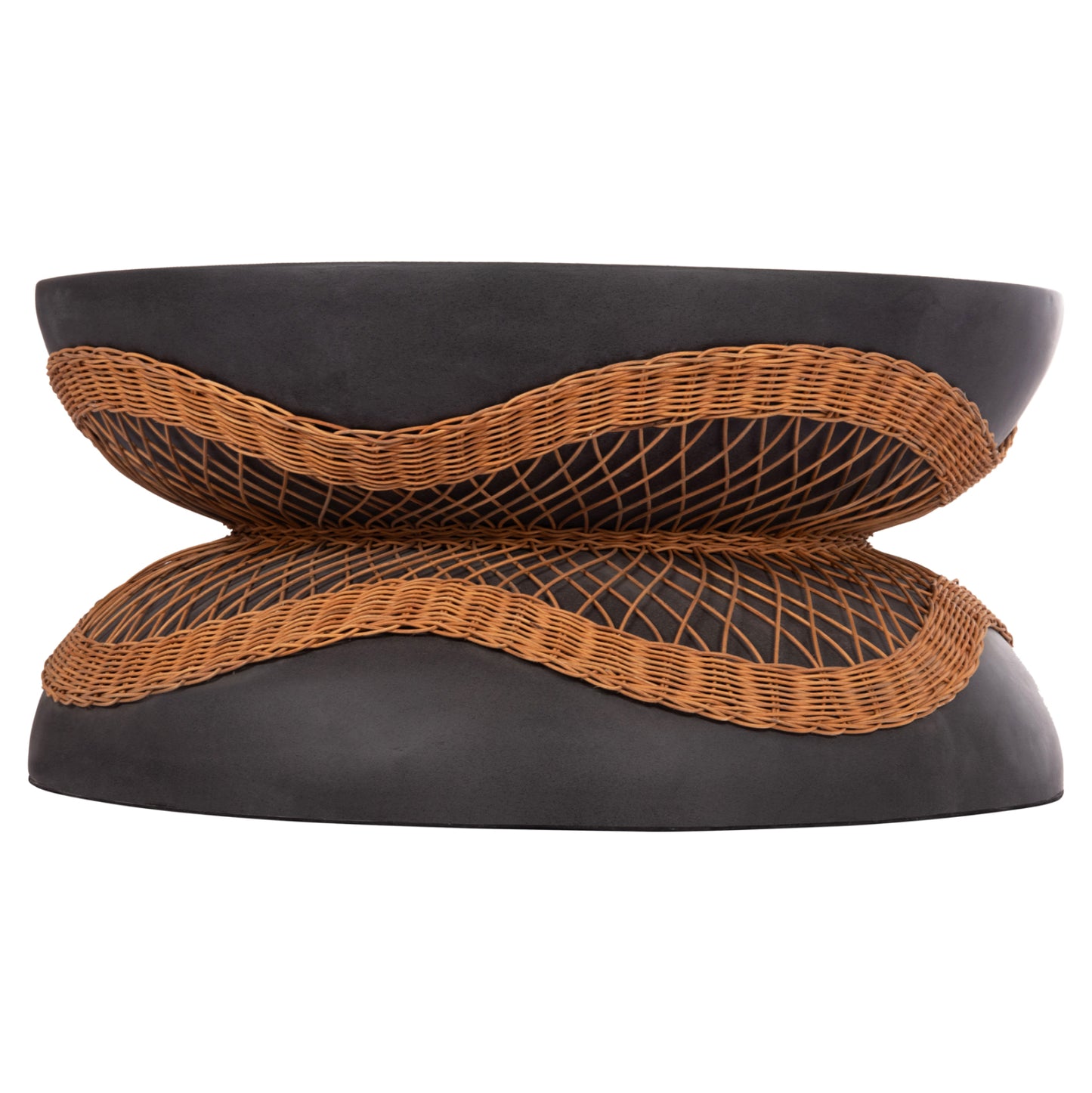 COFFEE TABLE ROUND ANNA HM18157.01 FIBER CEMENT IN BLACK-NATURAL RATTAN--Φ92x44.5Hcm.