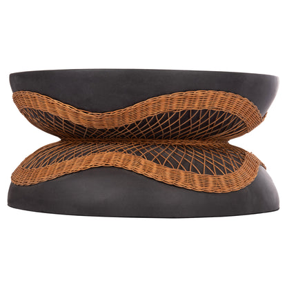 COFFEE TABLE ROUND ANNA HM18157.01 FIBER CEMENT IN BLACK-NATURAL RATTAN--Φ92x44.5Hcm.