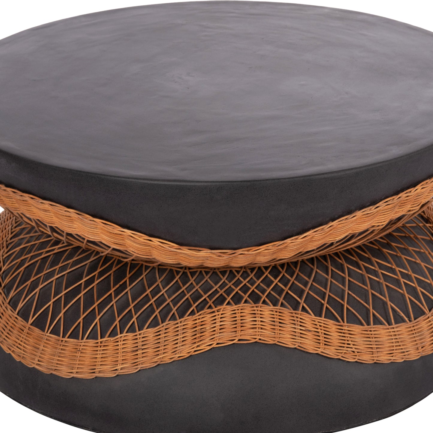 COFFEE TABLE ROUND ANNA HM18157.01 FIBER CEMENT IN BLACK-NATURAL RATTAN--Φ92x44.5Hcm.