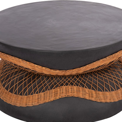 COFFEE TABLE ROUND ANNA HM18157.01 FIBER CEMENT IN BLACK-NATURAL RATTAN--Φ92x44.5Hcm.