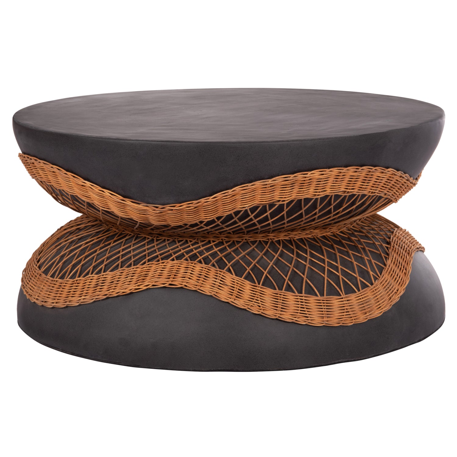 COFFEE TABLE ROUND ANNA HM18157.01 FIBER CEMENT IN BLACK-NATURAL RATTAN--Φ92x44.5Hcm.