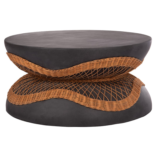 COFFEE TABLE ROUND ANNA HM18157.01 FIBER CEMENT IN BLACK-NATURAL RATTAN--Φ92x44.5Hcm.