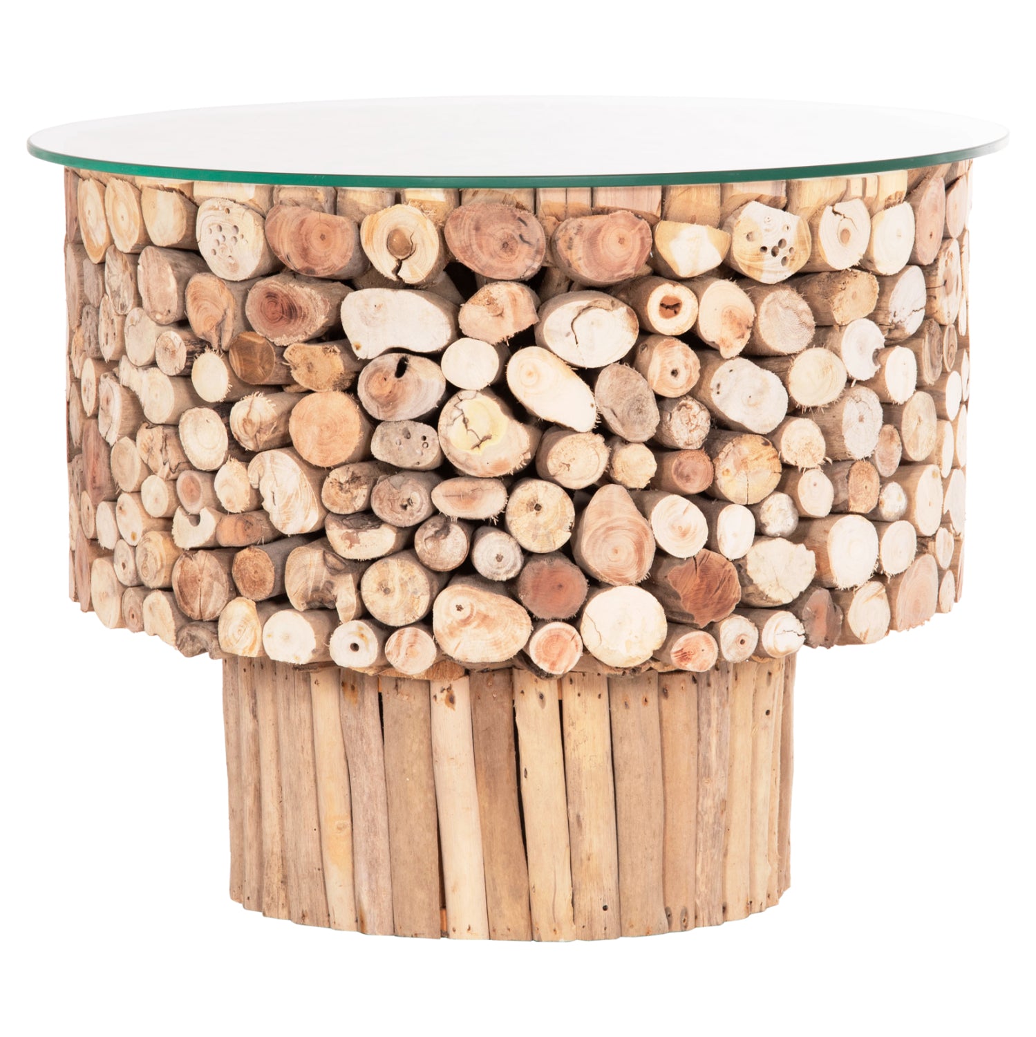 COFFEE TABLE ROUND SPARROW HM9963 DRIFTWOOD--GLASS Φ65x51.5Hcm.