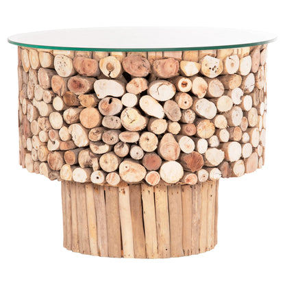 COFFEE TABLE ROUND SPARROW HM9963 DRIFTWOOD--GLASS Φ65x51.5Hcm.