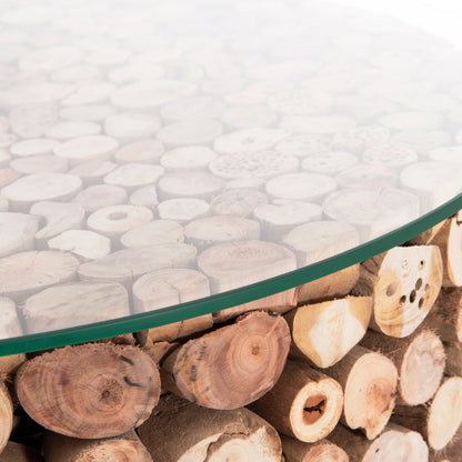 COFFEE TABLE ROUND SPARROW HM9963 DRIFTWOOD--GLASS Φ65x51.5Hcm.