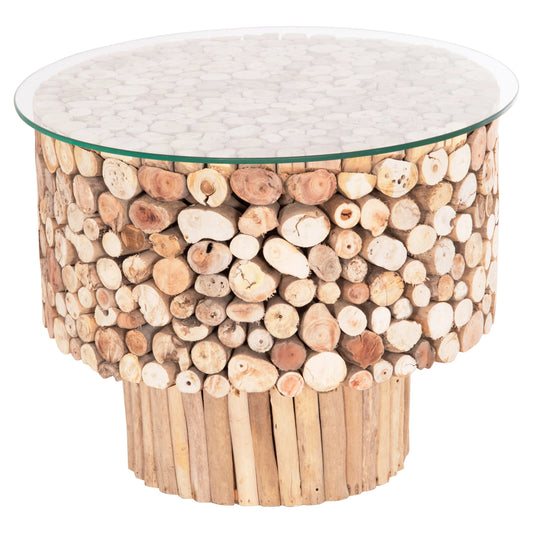 COFFEE TABLE ROUND SPARROW HM9963 DRIFTWOOD--GLASS Φ65x51.5Hcm.