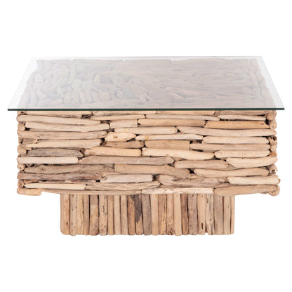 COFFEE TABLE SQUARE SPARROW HM9960 DRIFTWOOD--GLASS 95x95x51,5Hcm.